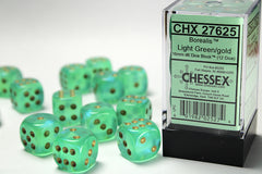 CHESSEX BOREALIS DICE: LIGHT GREEN & GOLD SETS | Gamers Paradise