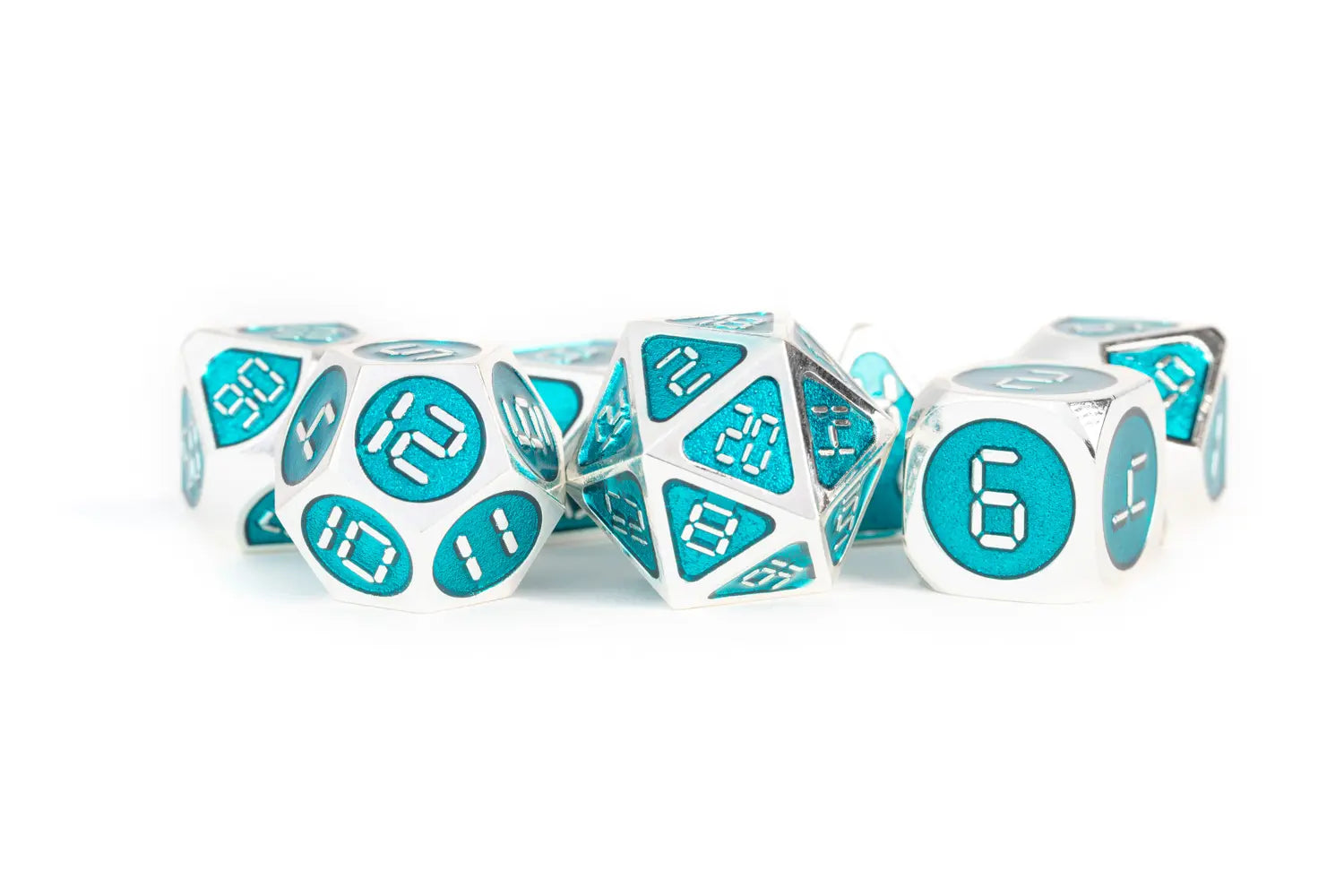 FANROLL METALLIC DICE: Silver with Teal Enamel Digital 16mm Polyhedral Dice Set | Gamers Paradise