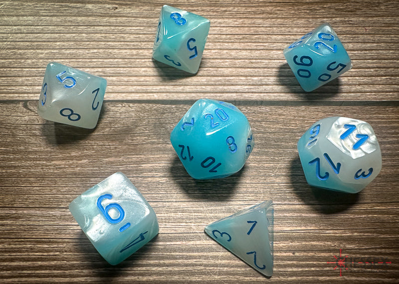 CHESSEX GEMINI DICE: PEARL TURQOISE-WHITE & BLUE SETS | Gamers Paradise