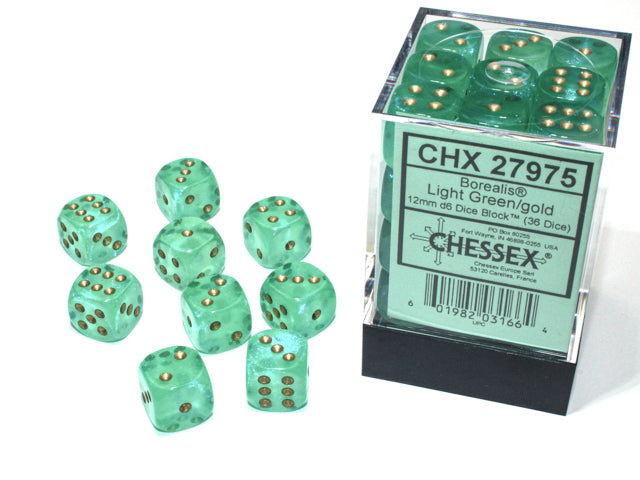 CHESSEX BOREALIS DICE: LIGHT GREEN & GOLD SETS | Gamers Paradise