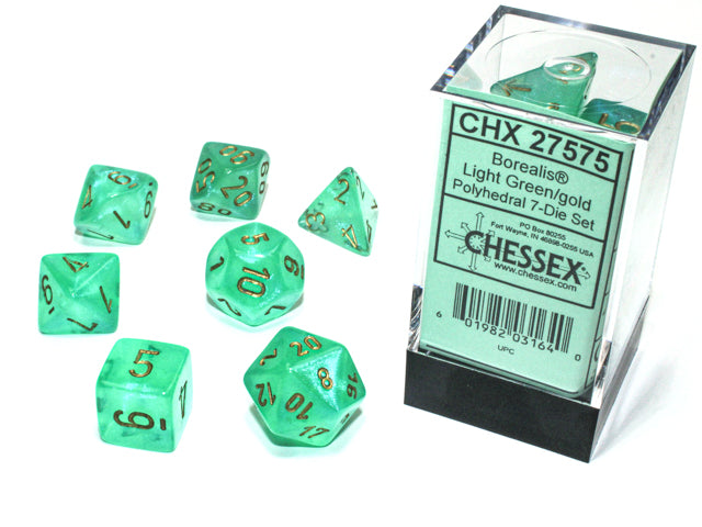 CHESSEX BOREALIS DICE: LIGHT GREEN & GOLD SETS | Gamers Paradise