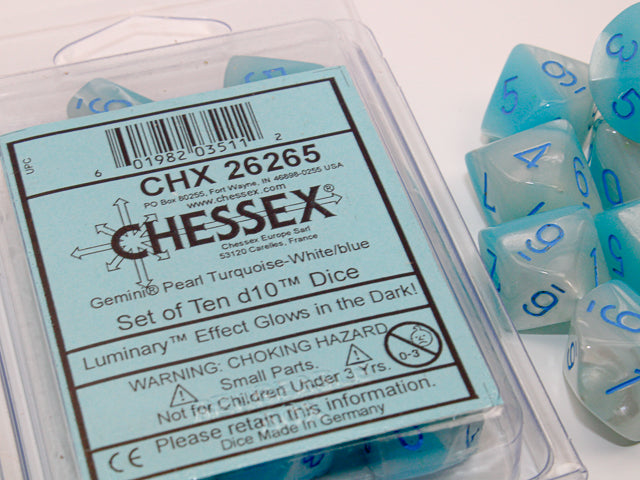 CHESSEX GEMINI DICE: PEARL TURQOISE-WHITE & BLUE SETS | Gamers Paradise