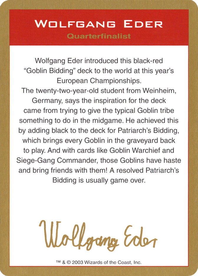 Wolfgang Eder Bio [World Championship Decks 2003] | Gamers Paradise