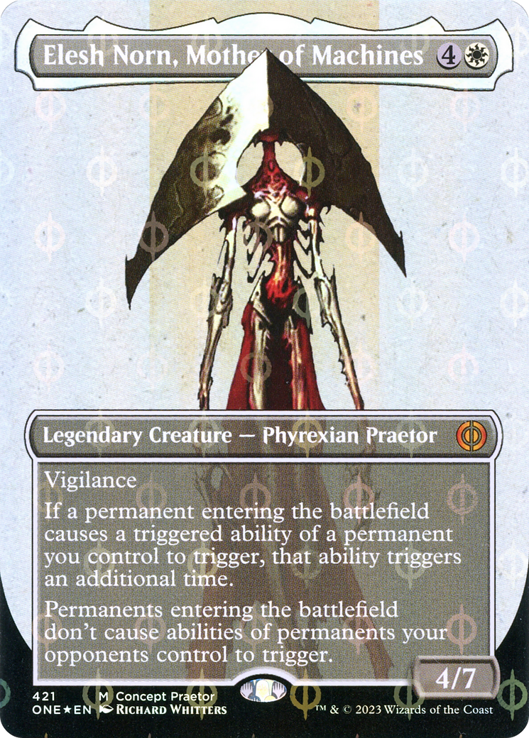 Elesh Norn, Mother of Machines (Borderless Concept Praetors Step-and-Compleat Foil) [Phyrexia: All Will Be One] | Gamers Paradise
