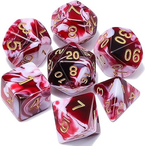 Red Set of 7 Milky Set Polyhedral Dice with Gold Numbers for D20 based RPG's | Gamers Paradise