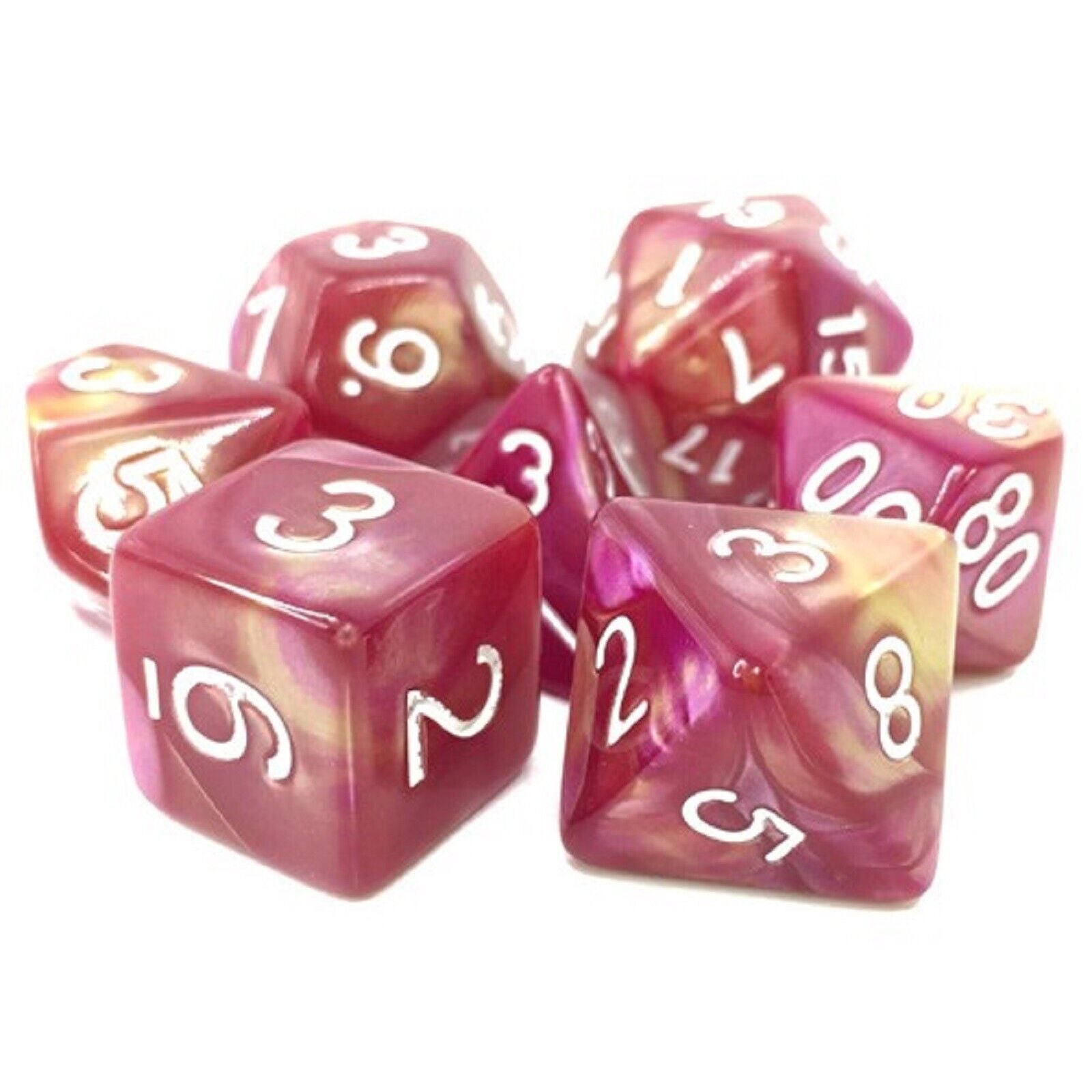 Rose/Yellow Set of 7 Fusion Polyhedral Dice with White Numbers for D20 based RPG's | Gamers Paradise