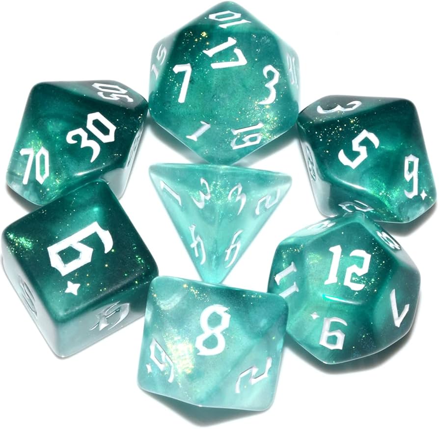 Neon Green Set of 7 Glitter Polyhedral Dice with White Numbers for D20 based RPG's | Gamers Paradise