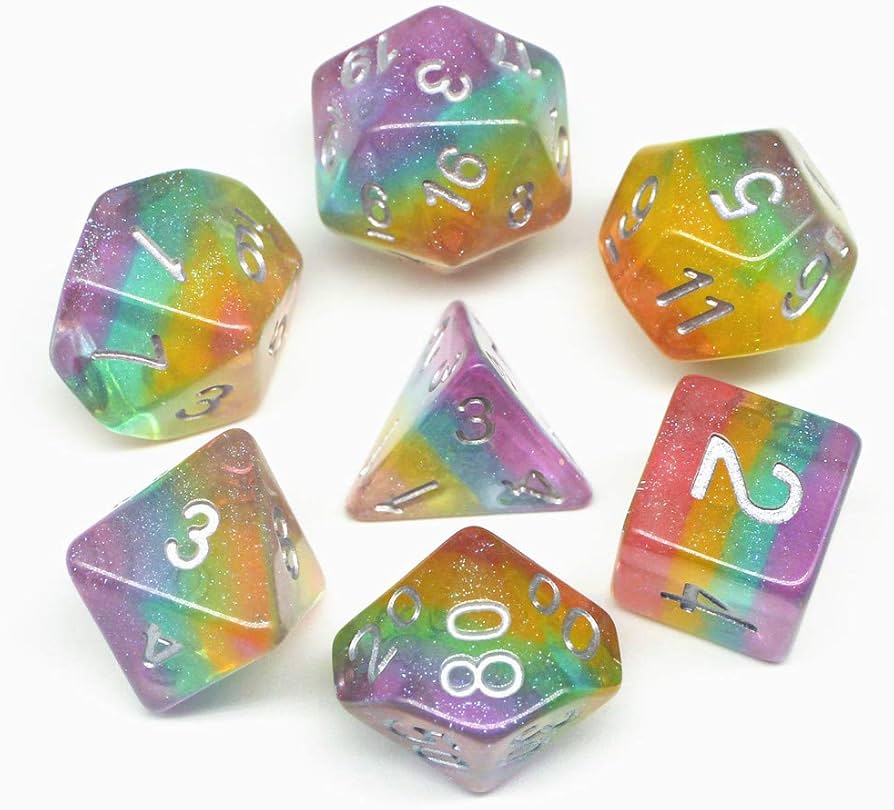 Rainbow Set of 7 Glitter Polyhedral Dice with White Numbers for D20 based RPG's | Gamers Paradise