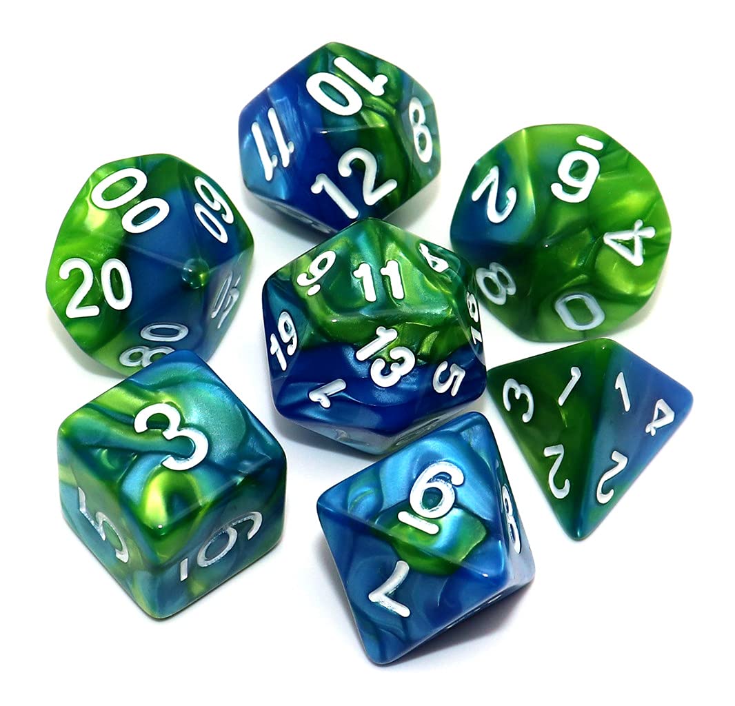 Blue/Green Set of 7 Marbled Polyhedral Dice with White Numbers for D20 based RPG's | Gamers Paradise