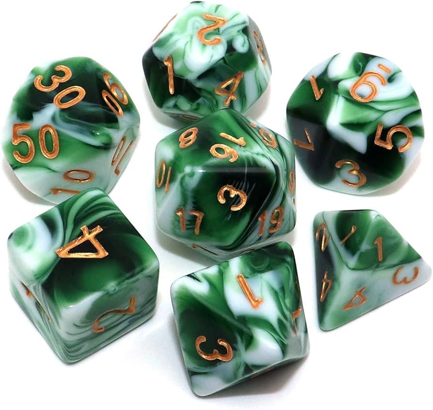 Green Set of 7 Milky Polyhedral Dice with Gold Numbers for D20 based RPG's | Gamers Paradise