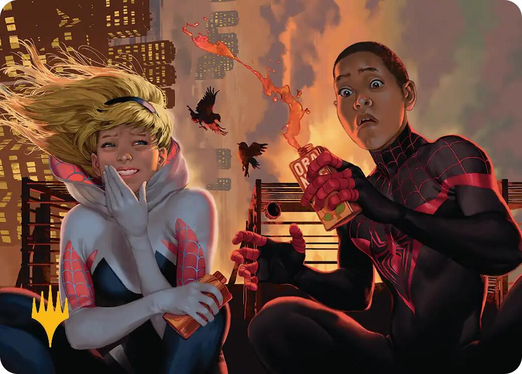 Heroes' Hangout Art Card (Gold-Stamped Planeswalker Symbol) [Marvel's Spider-Man Art Series] | Gamers Paradise
