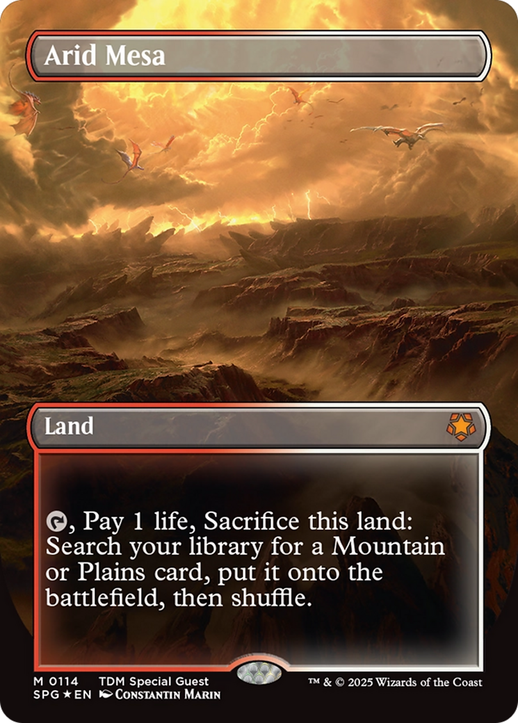 Arid Mesa (Borderless) (Dragonscale Foil) [Tarkir: Dragonstorm Special Guests] | Gamers Paradise