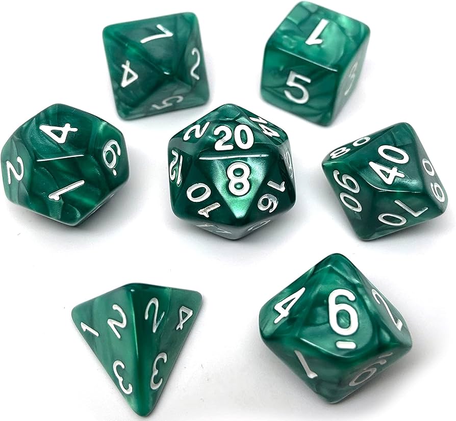 Green Set of 7 Marbled Polyhedral Dice with White Numbers for D20 based RPG's | Gamers Paradise