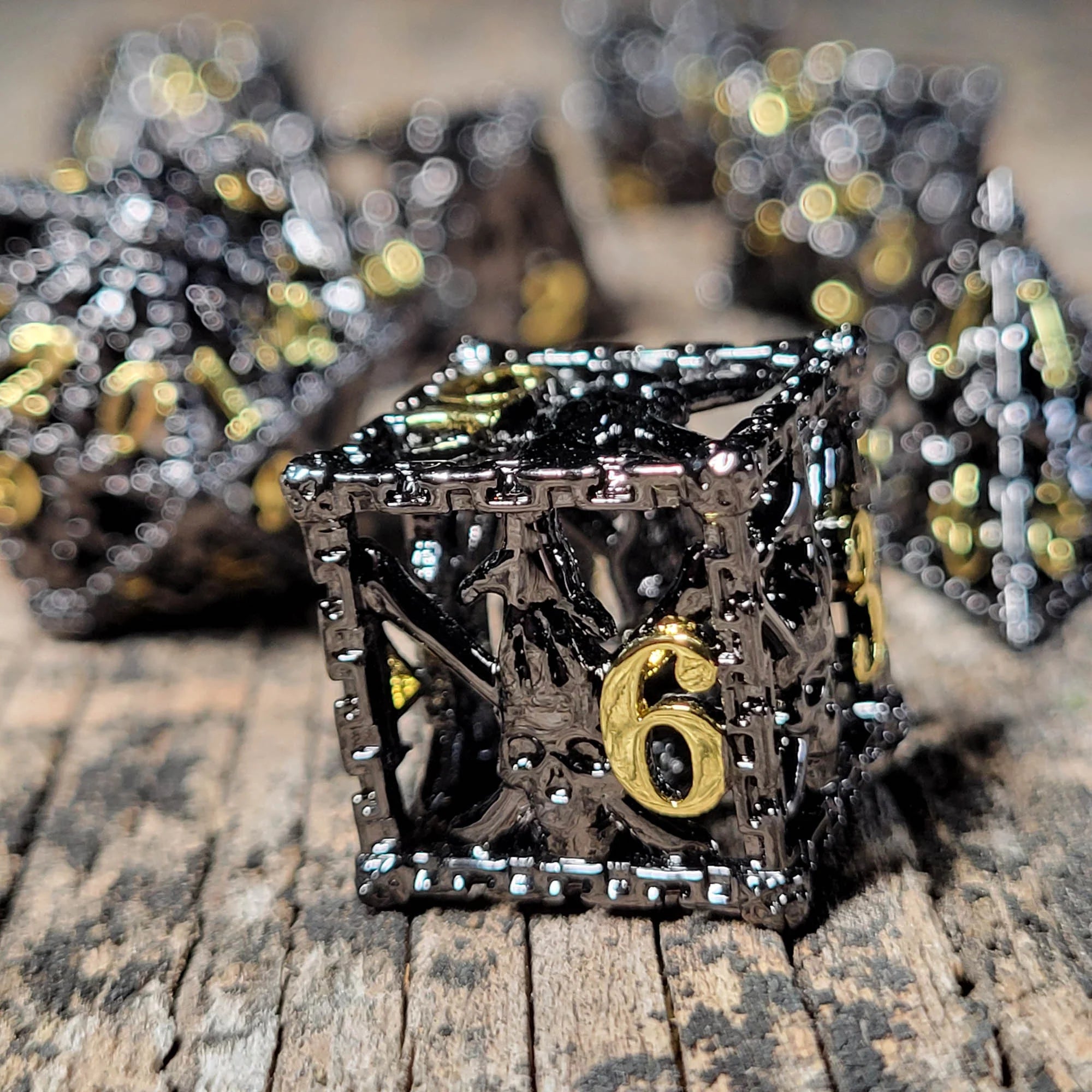 7th Circle Black and Gold Hollow Metal RPG Dice Set | Gamers Paradise