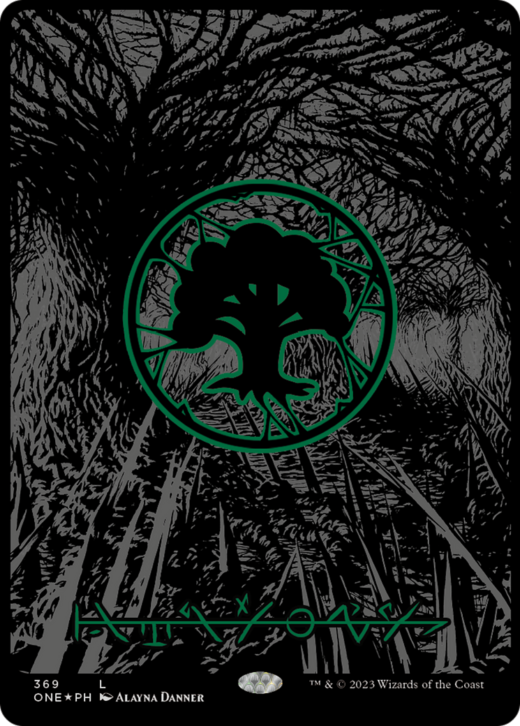 Forest (369) (Oil Slick Raised Foil) [Phyrexia: All Will Be One] | Gamers Paradise