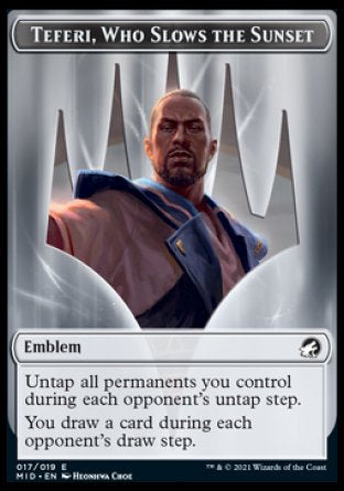 Clue // Teferi, Who Slows the Sunset Emblem Double-Sided Token [Innistrad: Midnight Hunt Tokens] | Gamers Paradise