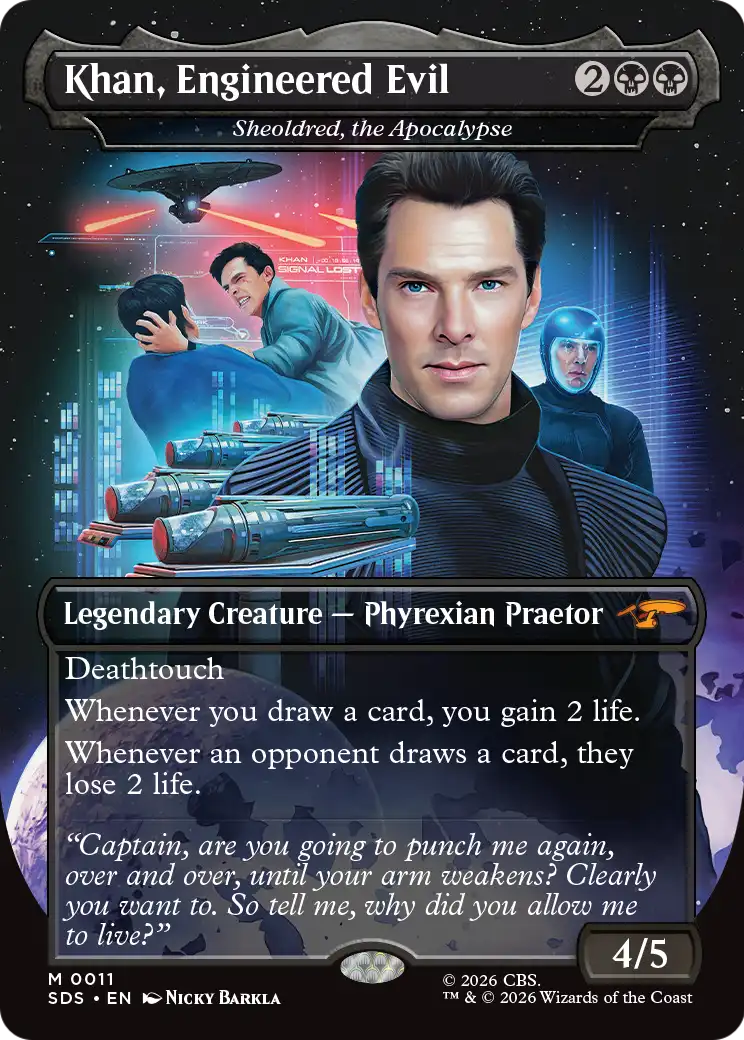 Khan, Engineered Evil - Sheoldred, the Apocalypse (Borderless) [Star Trek: Stardates] | Gamers Paradise