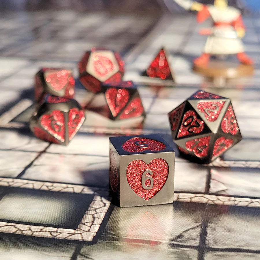 Dark Heart Set of 7 Heart-Shaped Metal RPG Dice and Heart Dice Box | Gamers Paradise