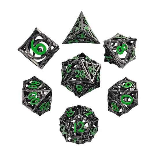 Entangled Fate Silver Green Hollow Metal RPG Dice Set | Gamers Paradise