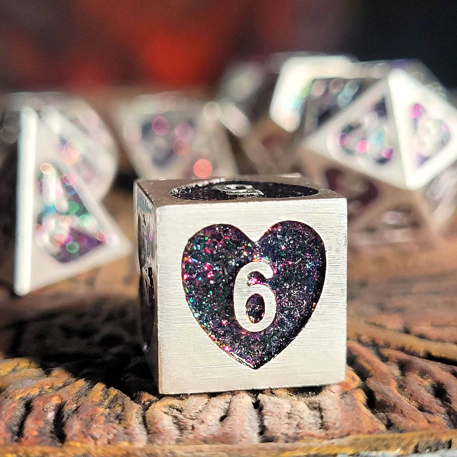 Forest Heart Set of 7 Heart-Shaped Metal RPG Dice and Heart Dice Box | Gamers Paradise