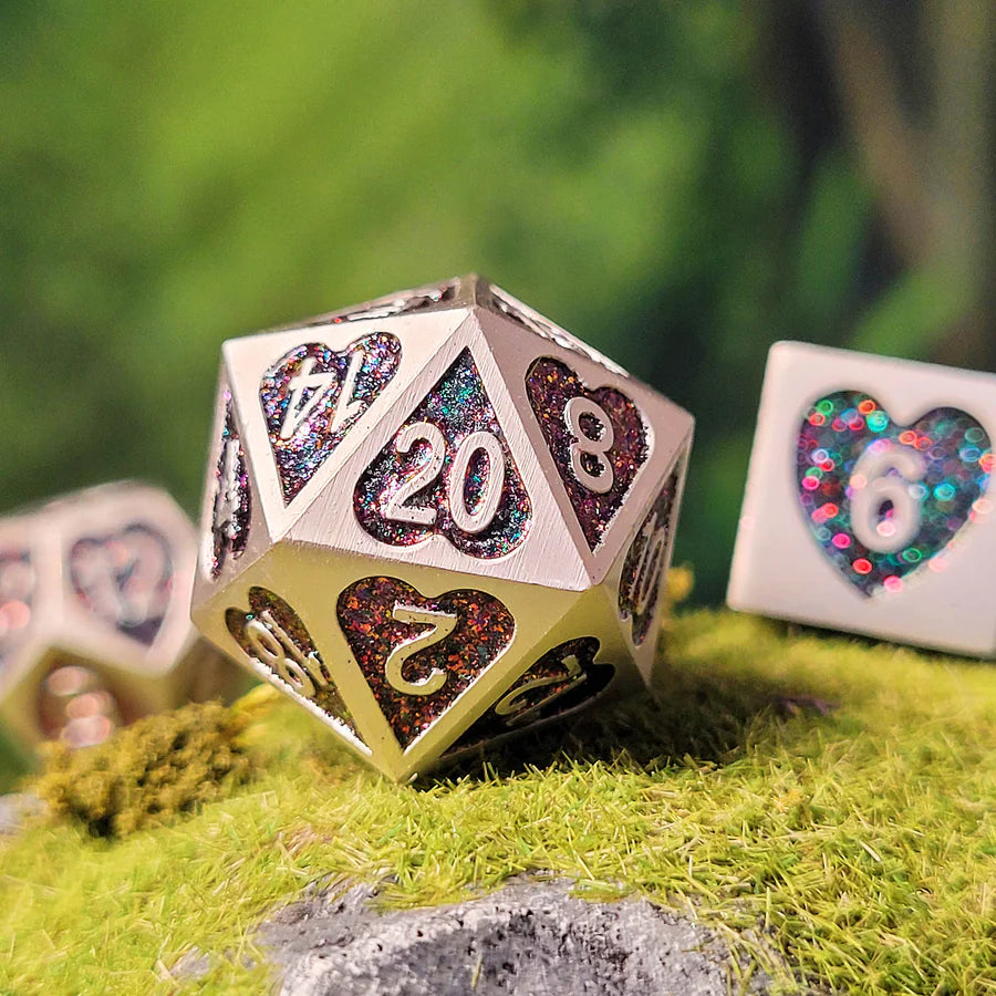 Forest Heart Set of 7 Heart-Shaped Metal RPG Dice and Heart Dice Box | Gamers Paradise