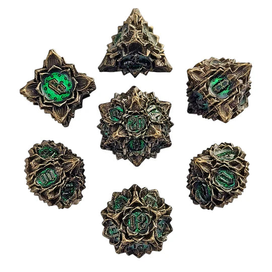 Gothic Bouquet Antique Gold Green Metal RPG Dice Set | Gamers Paradise