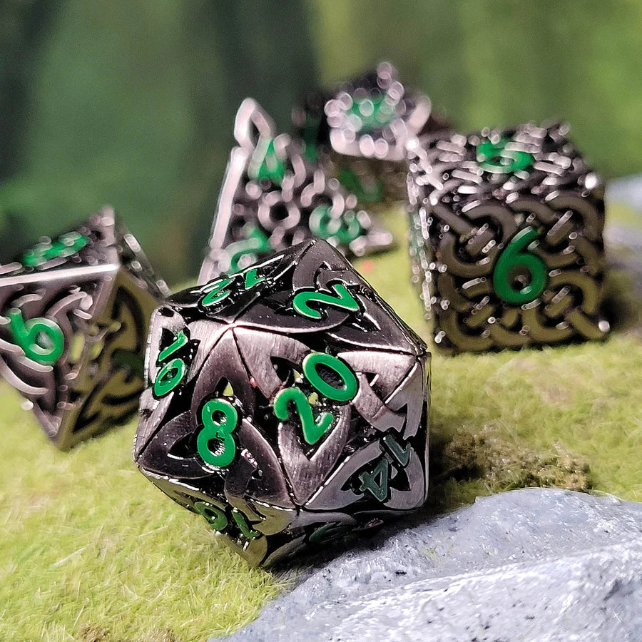 Sacred Hollows Silver Green Hollow Metal RPG Dice Set | Gamers Paradise