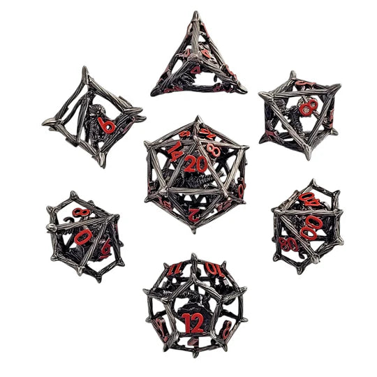 Wicker Dragon Silver Hollow Metal RPG Dice Set | Gamers Paradise