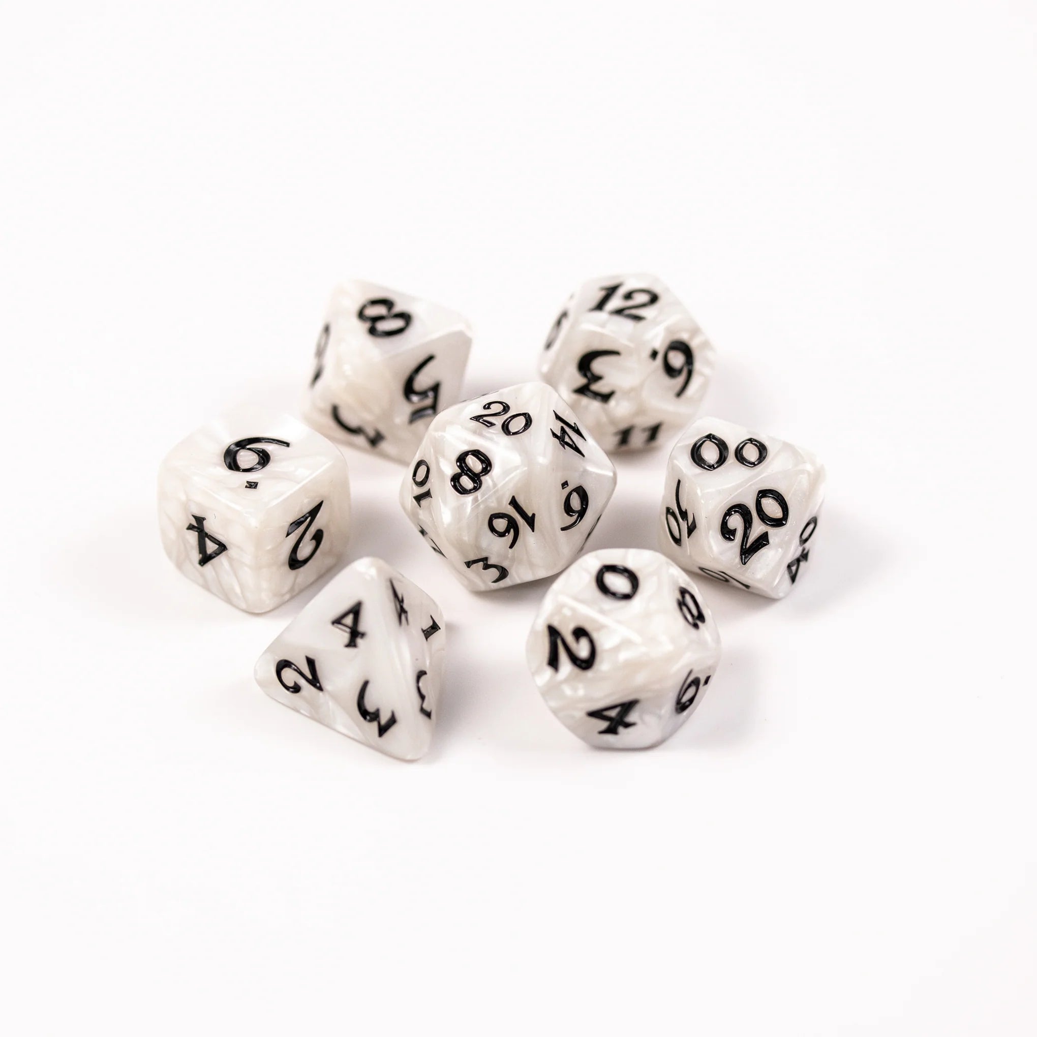 White Set of 7 Marbled Polyhedral Dice with Black Numbers for D20 based RPG's | Gamers Paradise
