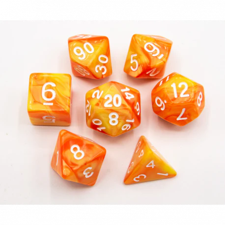 Orange/Yellow Set of 7 Fusion Polyhedral Dice with White Numbers for D20 based RPG's | Gamers Paradise