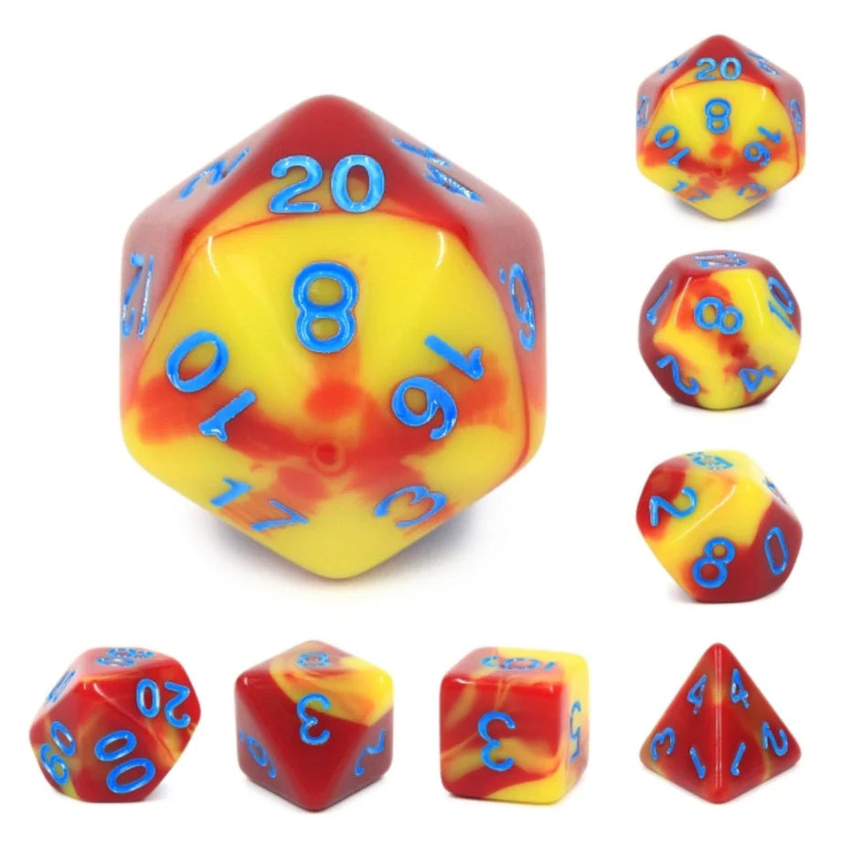 Red/Yellow Set of 7 Fusion Polyhedral Dice with Blue Numbers for D20 based RPG's | Gamers Paradise