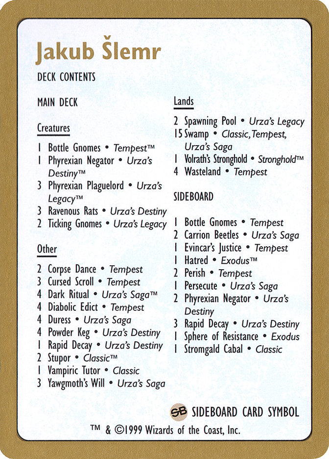Jakub Slemr Decklist [World Championship Decks 1999] | Gamers Paradise