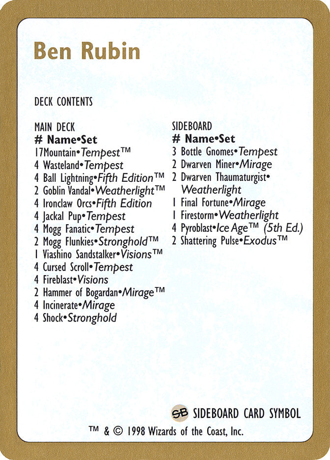 Ben Rubin Decklist [World Championship Decks 1998] | Gamers Paradise