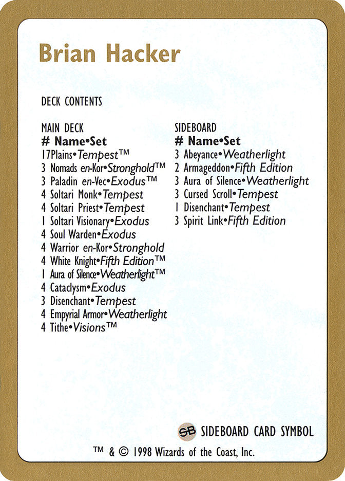 Brian Hacker Decklist [World Championship Decks 1998] | Gamers Paradise
