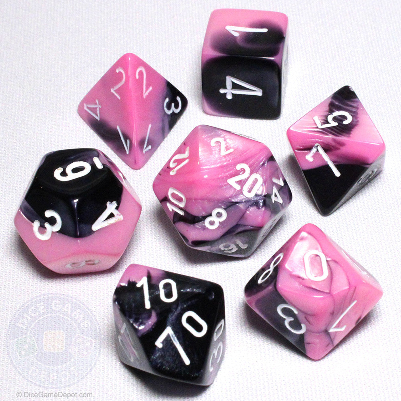 Black/Pink Set of 7 Fusion Polyhedral Dice with White Numbers for D20 based RPG's | Gamers Paradise