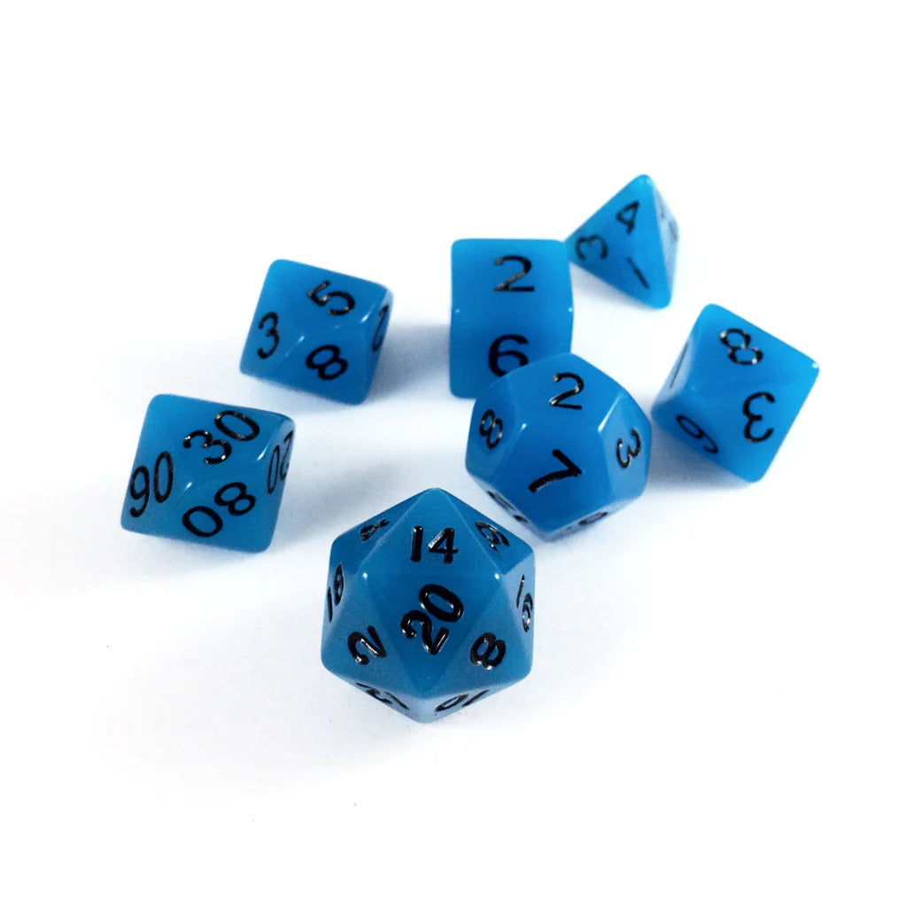 Blue Set of 7 Glow in the Dark Polyhedral Dice with Black Numbers for D20 based RPG's | Gamers Paradise