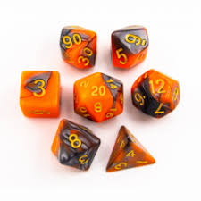 Orange/Steel Set of 7 Steel Set Polyhedral Dice with Gold Numbers for D20 based RPG's | Gamers Paradise