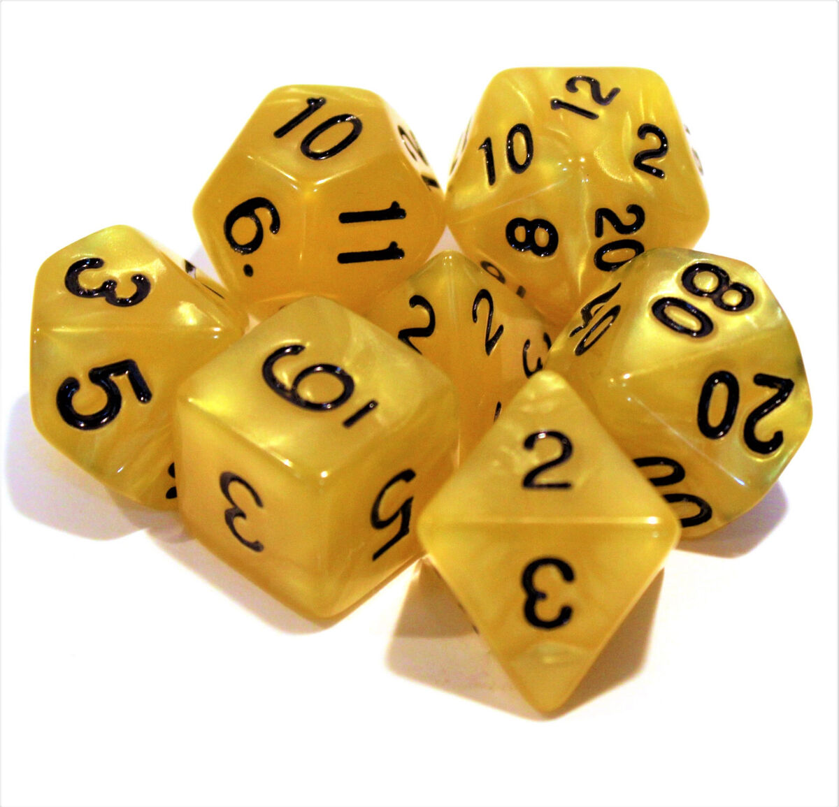 Yellow Set of 7 Marbled Polyhedral Dice with Black Numbers for D20 based RPG's | Gamers Paradise