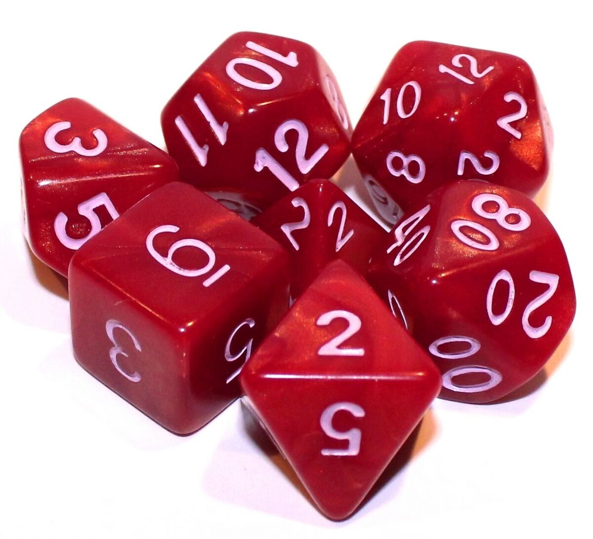 Rose Red Set of 7 Marbled Polyhedral Dice with White Numbers for D20 based RPG's | Gamers Paradise