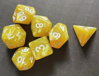 Yellow Set of 7 Marbled Polyhedral Dice with White Numbers for D20 based RPG's | Gamers Paradise