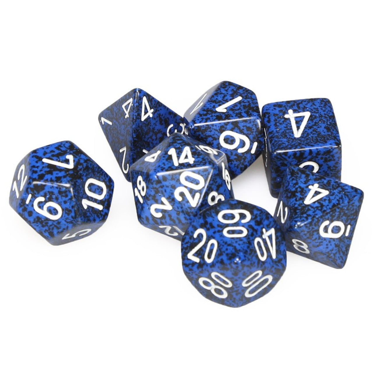 Blue Set of 7 Speckled Polyhedral Dice with White Numbers for D20 based RPG's | Gamers Paradise