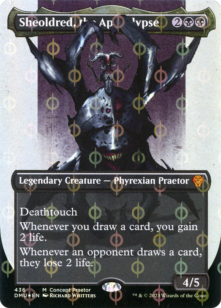 Sheoldred, the Apocalypse (Borderless Concept Praetors Step-and-Compleat Foil) [Phyrexia: All Will Be One] | Gamers Paradise