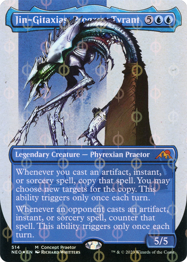 Jin-Gitaxias, Progress Tyrant (Borderless Concept Praetors Step-and-Compleat Foil) [Phyrexia: All Will Be One] | Gamers Paradise