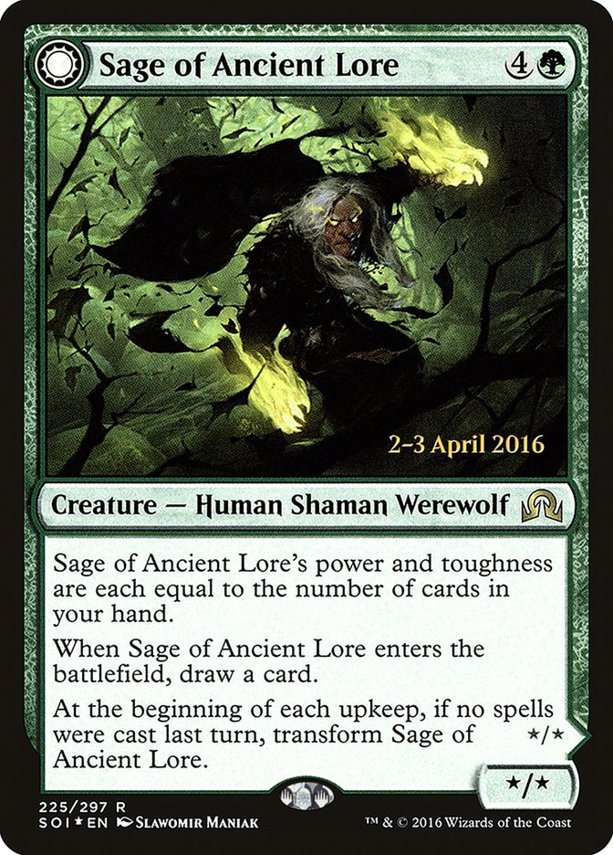 Sage of Ancient Lore // Werewolf of Ancient Hunger [Shadows over Innistrad Prerelease Promos] | Gamers Paradise