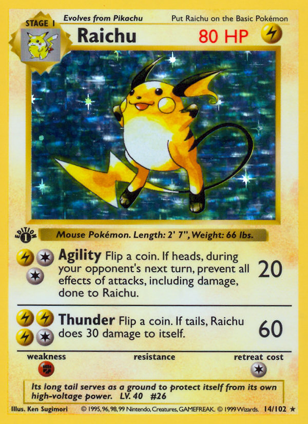 Raichu (14/102) (Shadowless) [Base Set 1st Edition] | Gamers Paradise