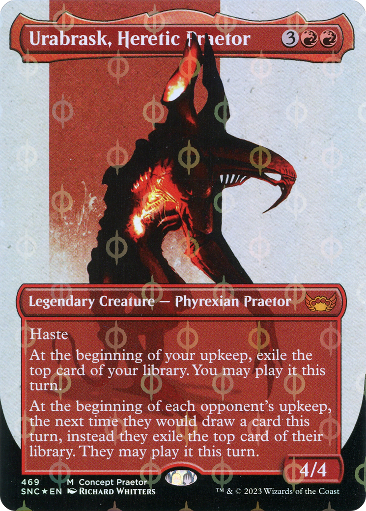 Urabrask, Heretic Praetor (Borderless Concept Praetors Step-and-Compleat Foil) [Phyrexia: All Will Be One] | Gamers Paradise