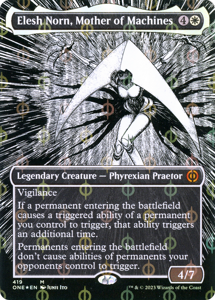 Elesh Norn, Mother of Machines (Borderless Manga Step-and-Compleat Foil) [Phyrexia: All Will Be One] | Gamers Paradise