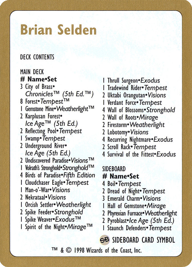 Brian Selden Decklist [World Championship Decks 1998] | Gamers Paradise