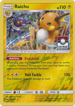 Raichu (41/147) (League Promo 3rd Place) [Sun & Moon: Burning Shadows] | Gamers Paradise