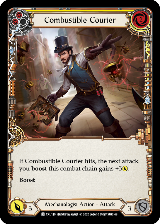 Combustible Courier (Yellow) [CRU110] 1st Edition Rainbow Foil | Gamers Paradise